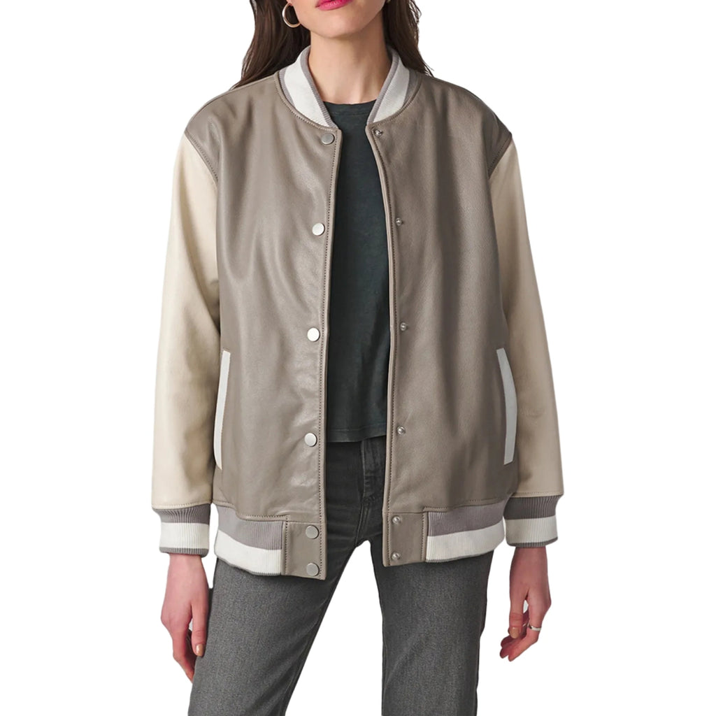 Clara Women’s Beige Varsity Leather Bomber Jacket
