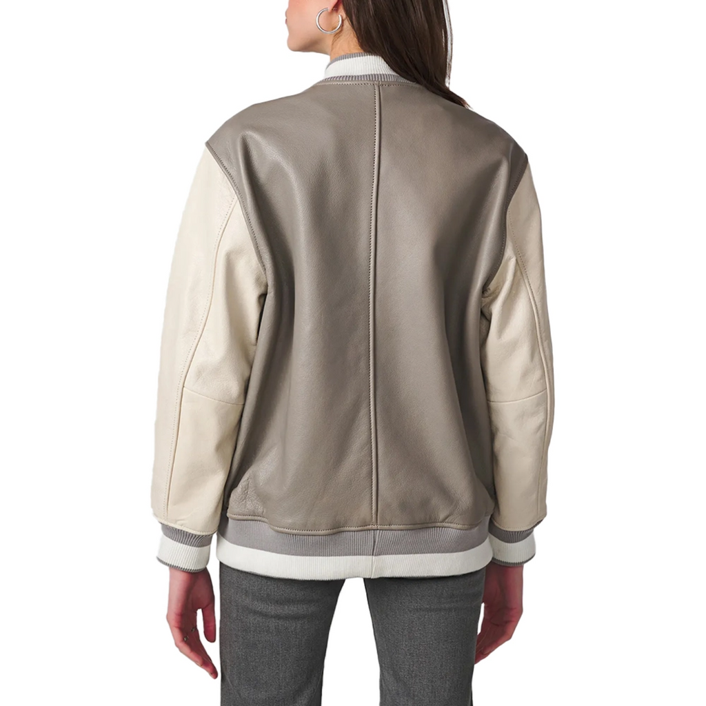 Clara Women’s Beige Varsity Leather Bomber Jacket