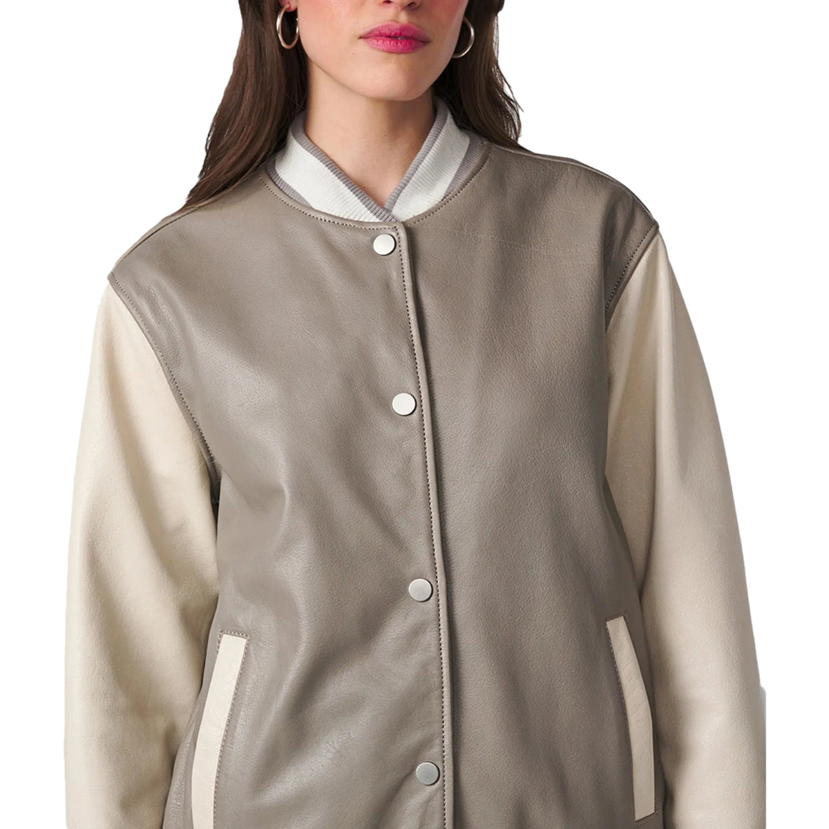 Clara Women’s Beige Varsity Leather Bomber Jacket
