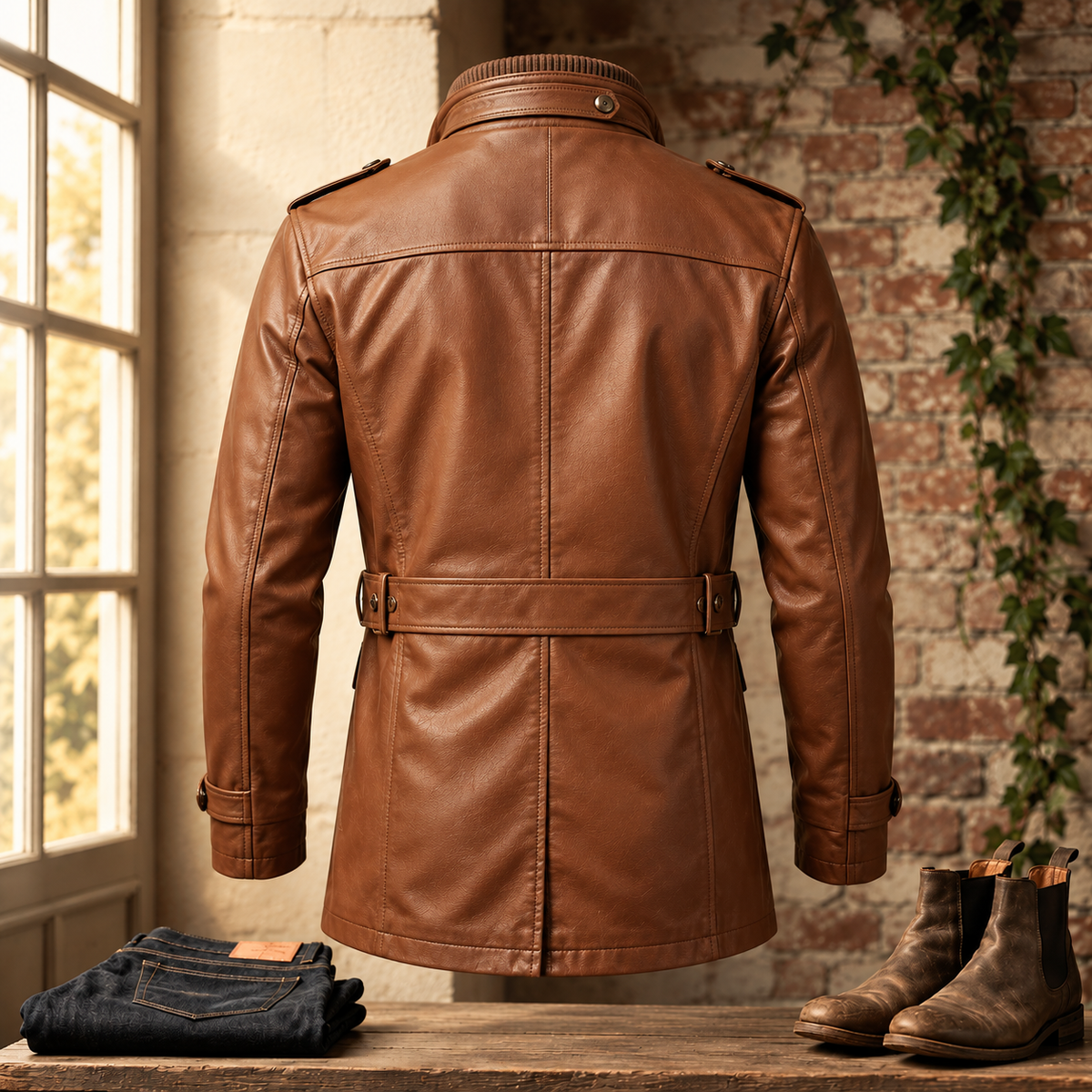 Men’s Cognac Brown Leather Trench Coat – Vintage Belted Jacket | Hollywood Jackets
