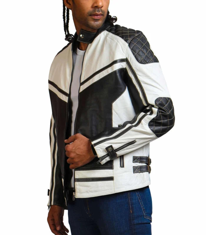 Men White and Black Quilted Leather Jacket