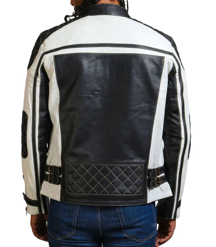 Men White and Black Quilted Leather Jacket