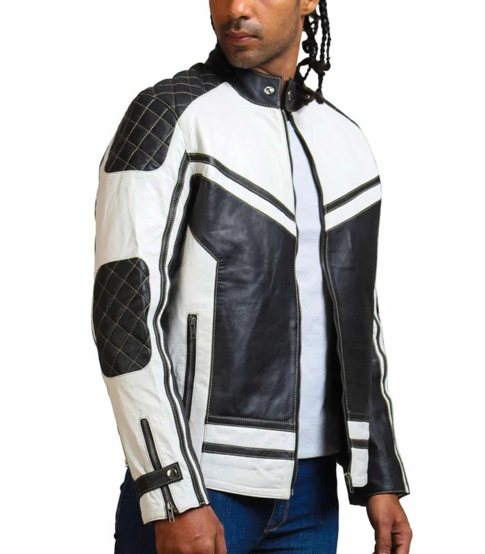 Men White and Black Quilted Leather Jacket