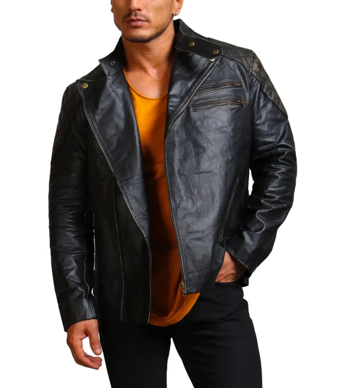Men’s Black Cowhide Skull Motorcycle Leather Jacket