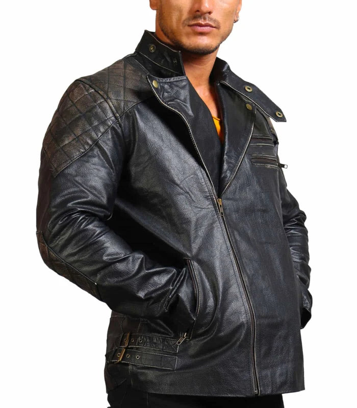 Men’s Black Cowhide Skull Motorcycle Leather Jacket