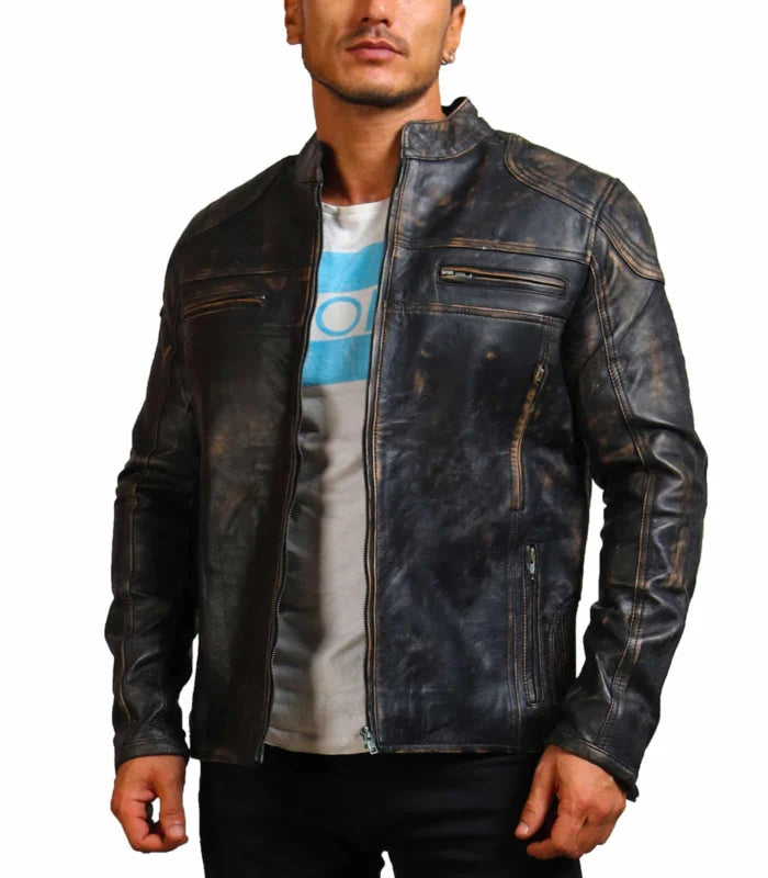 Men’s Distressed Black Motorcycle Leather Jacket