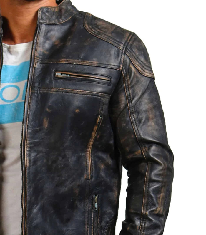 Men’s Distressed Black Motorcycle Leather Jacket