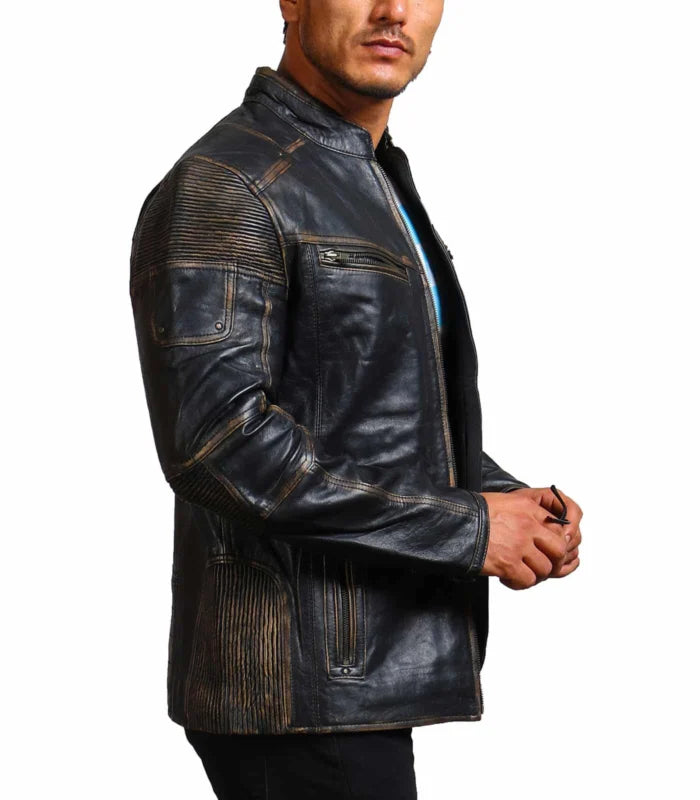 Moto Distressed Black Vintage Cowhide Leather Jacket