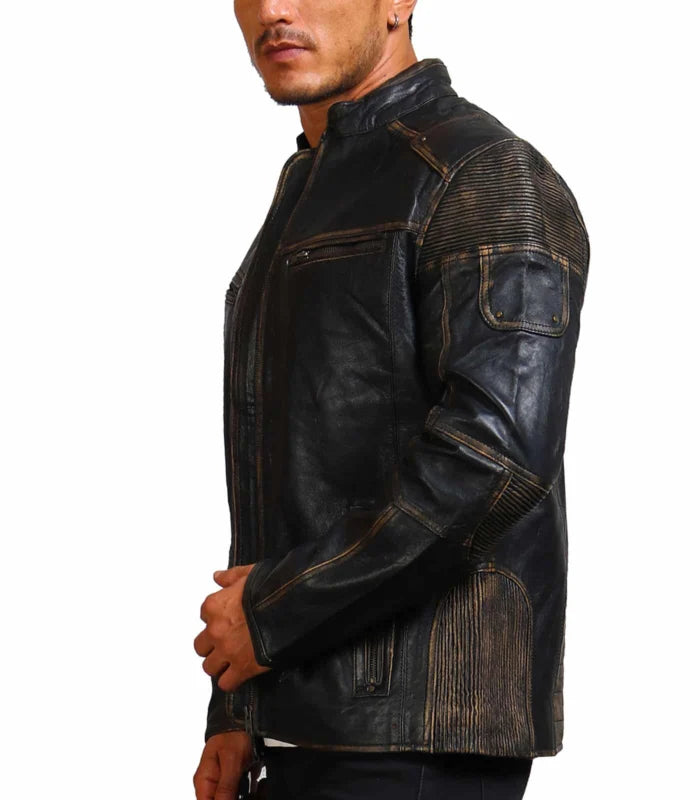 Moto Distressed Black Vintage Cowhide Leather Jacket