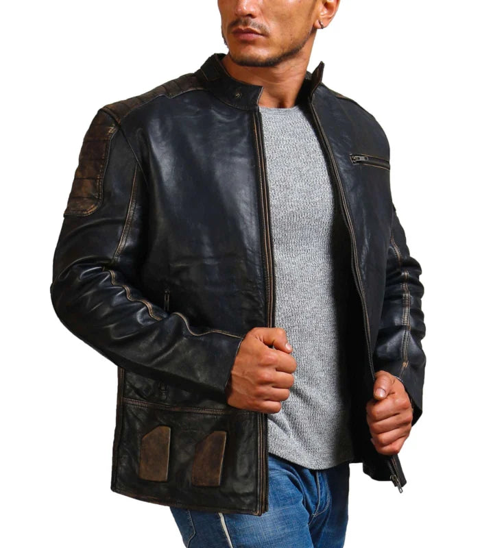 Dodge Inspired Distressed Black Leather Motorcycle Jacket