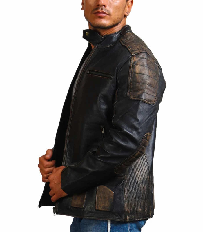 Dodge Inspired Distressed Black Leather Motorcycle Jacket