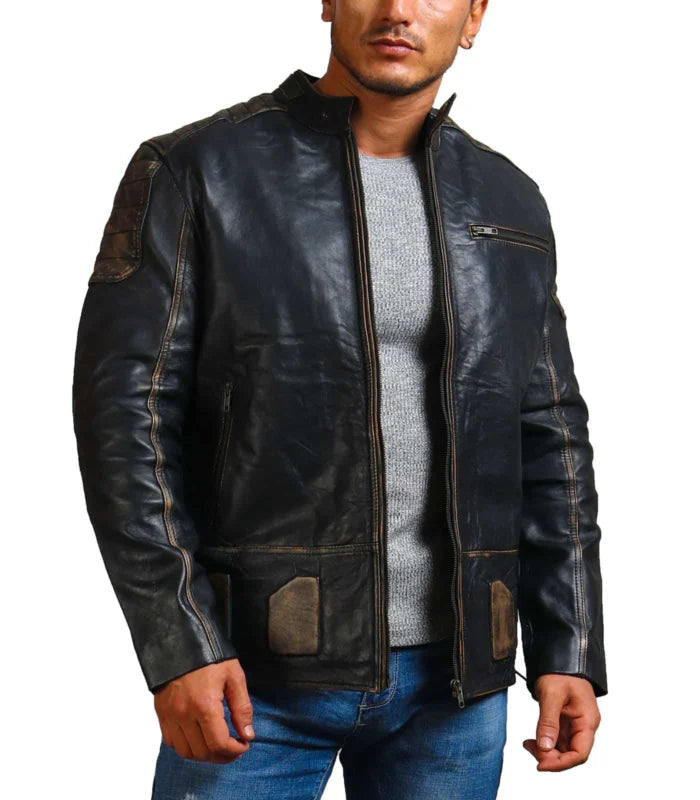 Dodge Inspired Distressed Black Leather Motorcycle Jacket