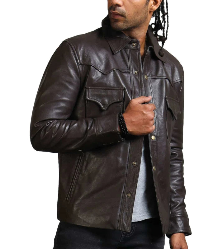 Choco Brown Genuine Leather Jacket with Flap Pockets