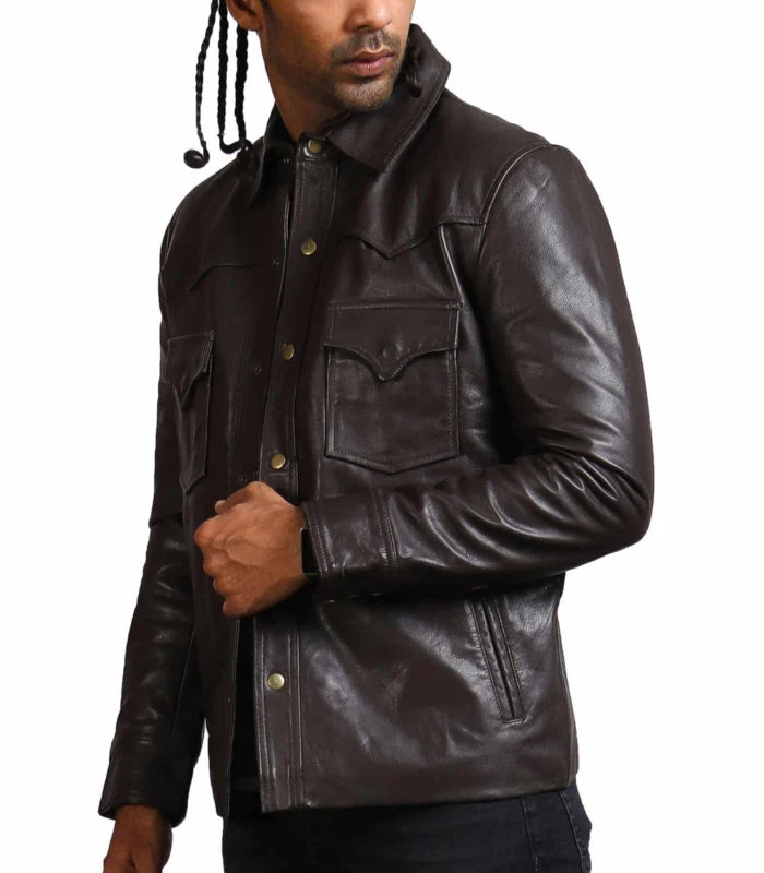 Choco Brown Genuine Leather Jacket with Flap Pockets