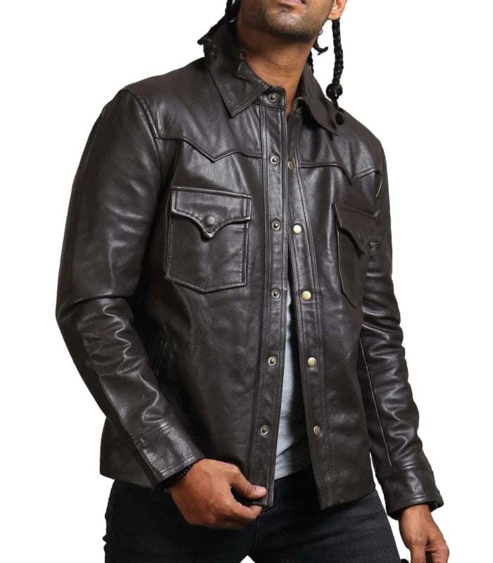 Choco Brown Genuine Leather Jacket with Flap Pockets