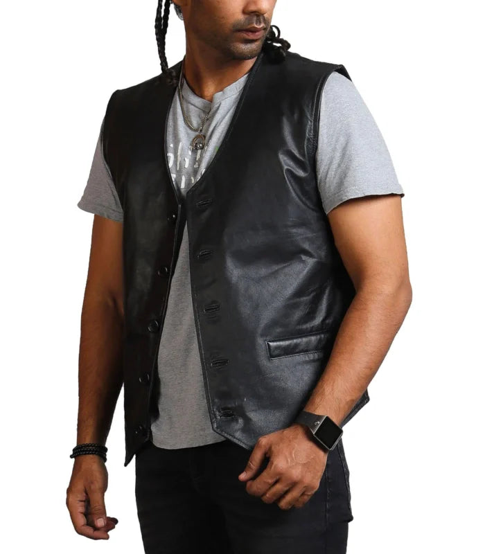 Blood Skull Printed Men’s Black Leather Vest