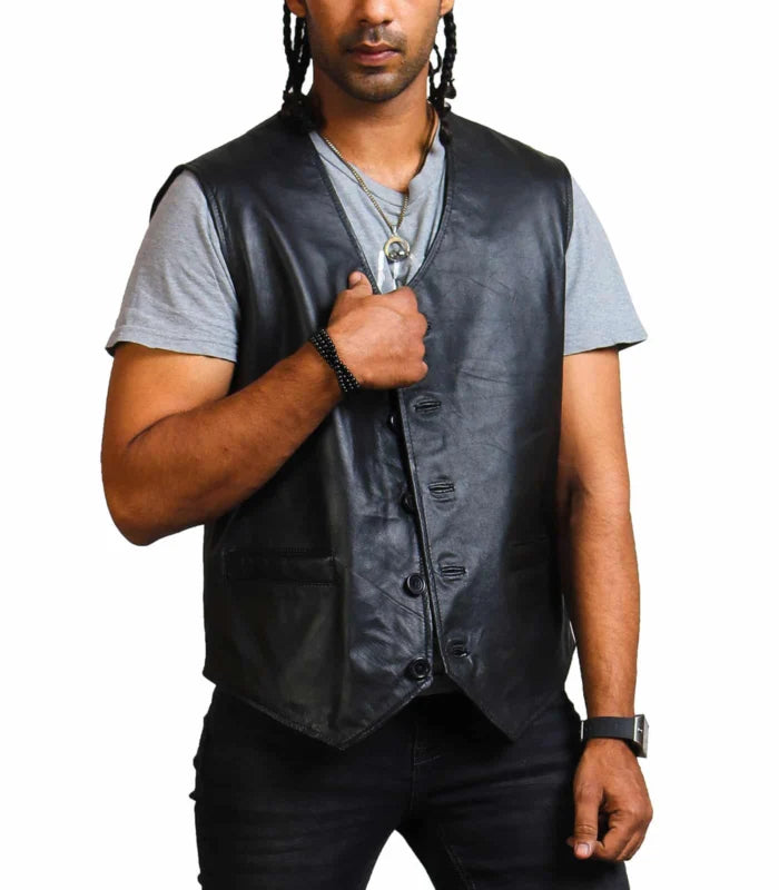 Blood Skull Printed Men’s Black Leather Vest