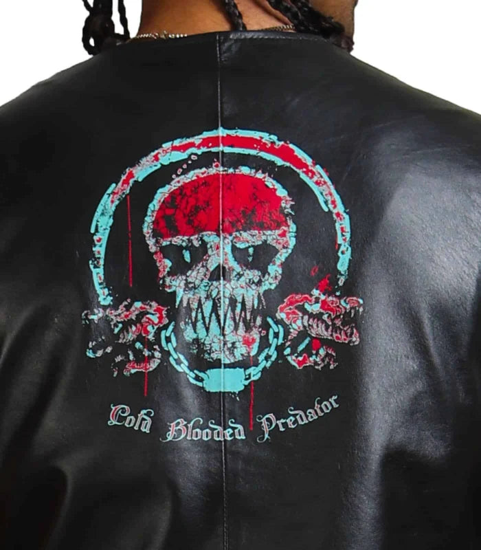 Blood Skull Printed Men’s Black Leather Vest