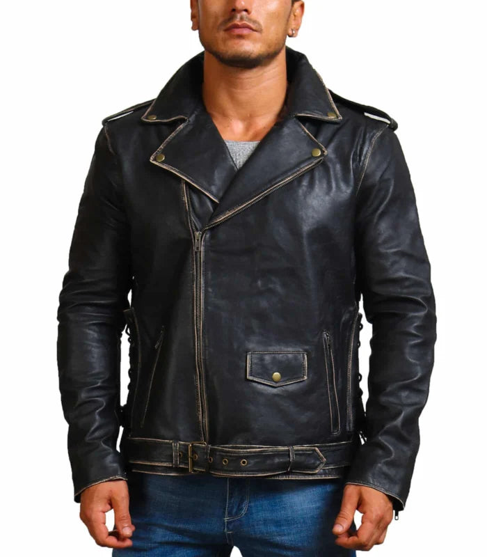 Men’s Vintage Brando Style Distressed Black Leather Jacket