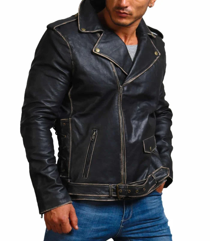 Men’s Vintage Brando Style Distressed Black Leather Jacket