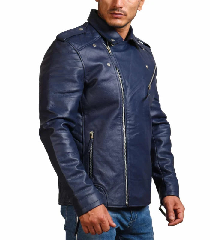 Navy Brando Biker Blue Leather Jacket