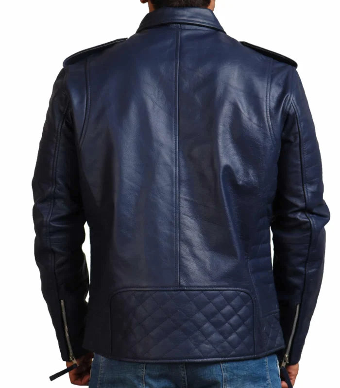 Navy Brando Biker Blue Leather Jacket