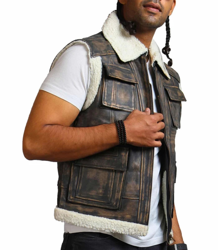 Heritage Brown Waxed Leather Vest with Fur