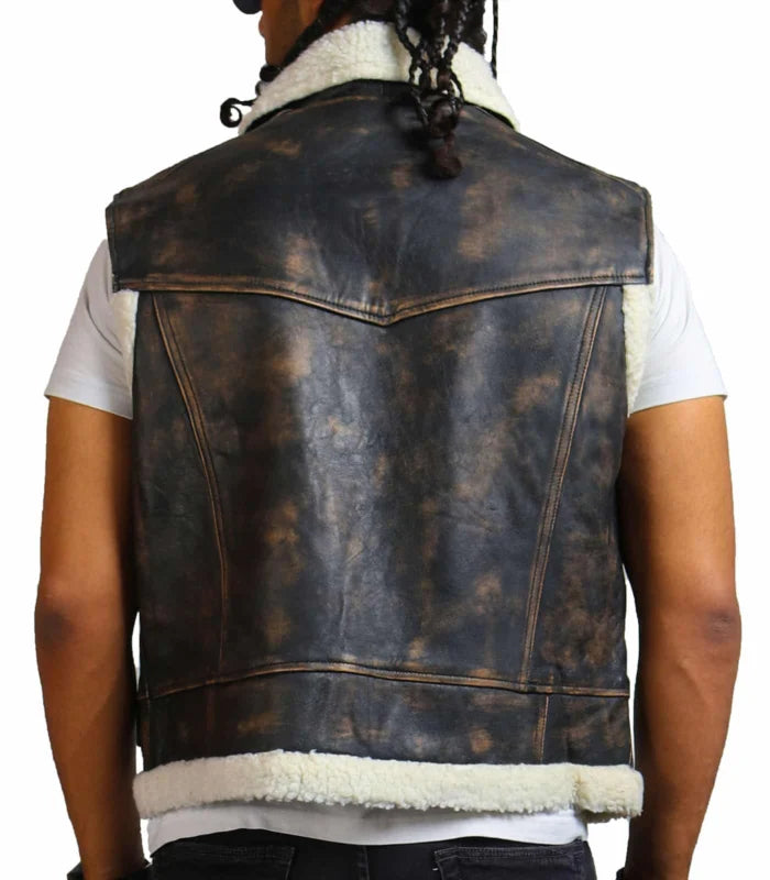 Heritage Brown Waxed Leather Vest with Fur