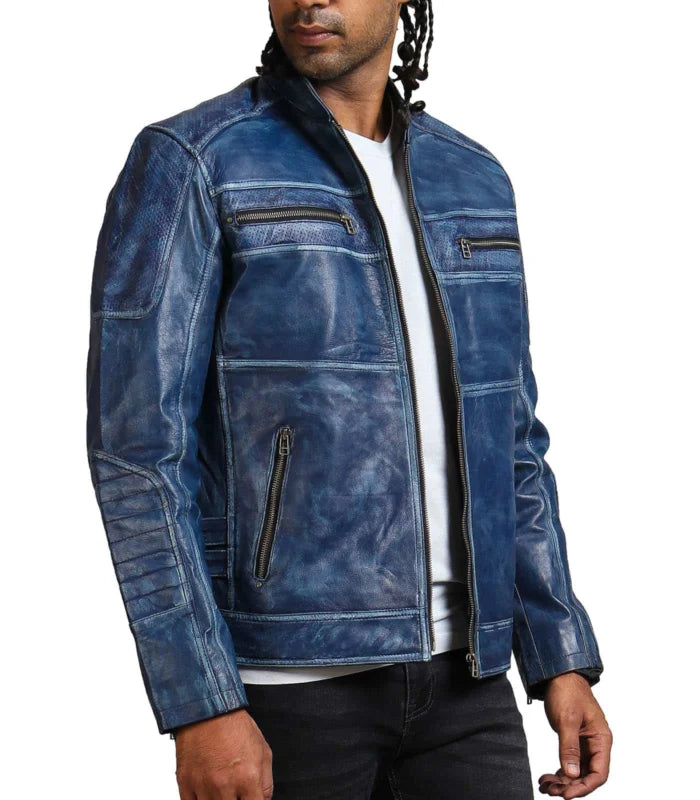 Classic Blue Cafe Racer Leather Jacket – Men’s
