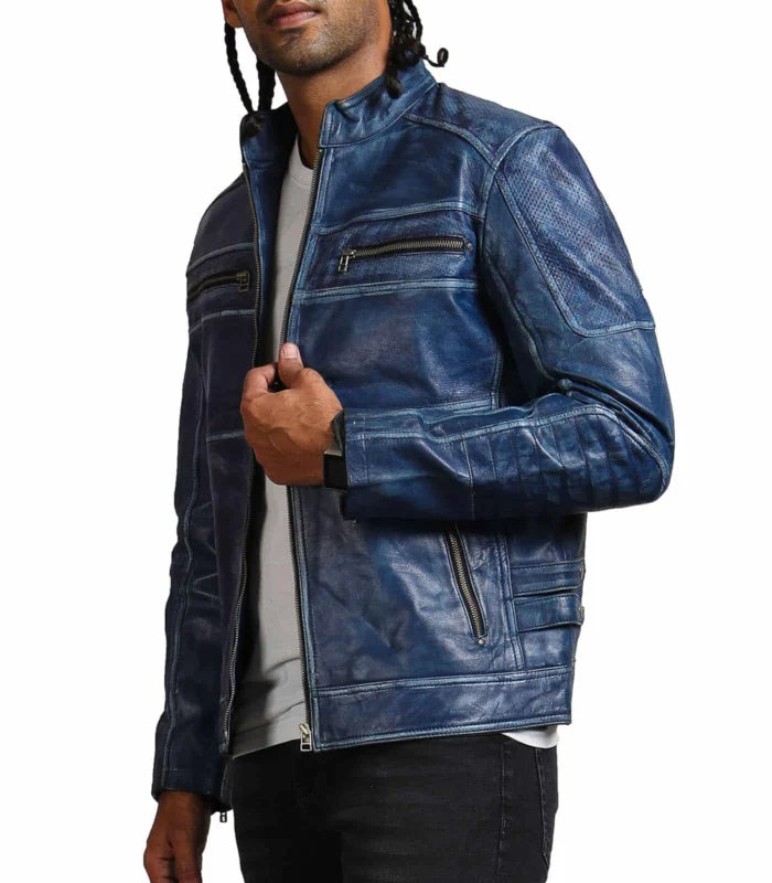 Classic Blue Cafe Racer Leather Jacket – Men’s