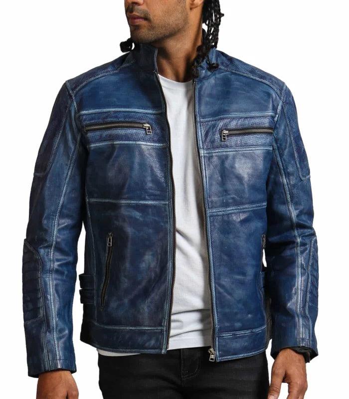 Classic Blue Cafe Racer Leather Jacket – Men’s
