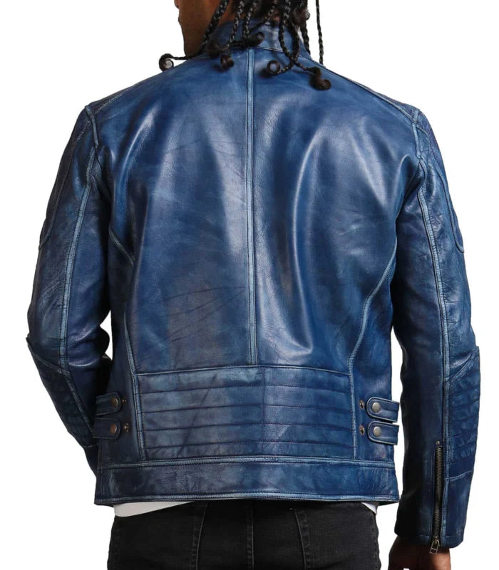 Classic Blue Cafe Racer Leather Jacket – Men’s