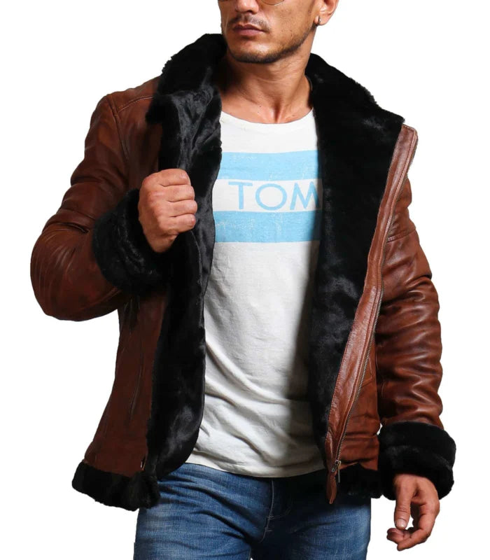 B3 Bomber Men Brown Vintage Fur Leather Jacket