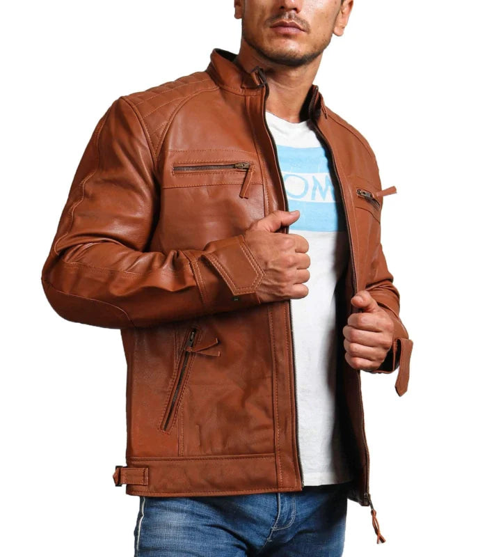 Hunter Tan Men Biker Leather Jacket