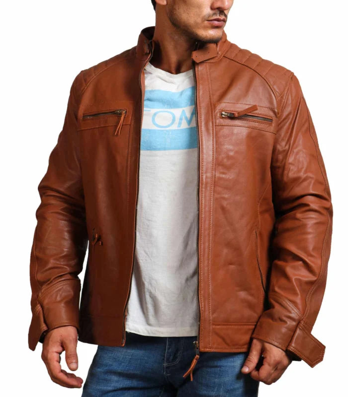Hunter Tan Men Biker Leather Jacket