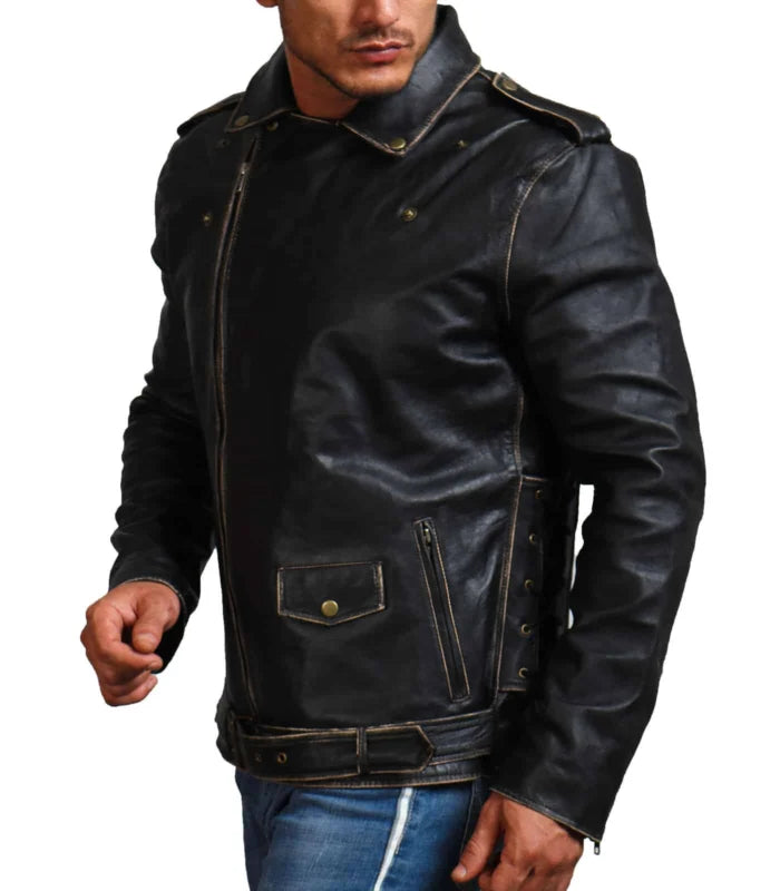 Double Sword Skull Black Distressed Leather Jacket