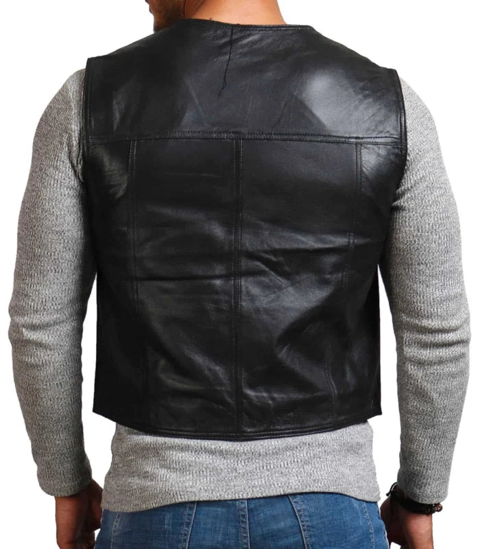 Mens Black Biker Cowhide Leather Vest