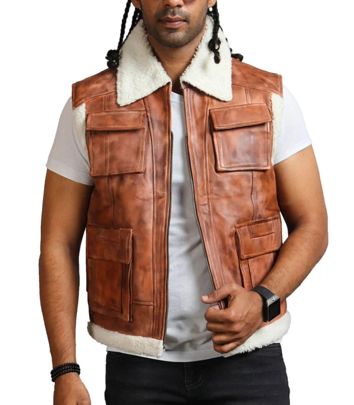 Men Brown Vintage Flap Pocket Fur Leather Vest