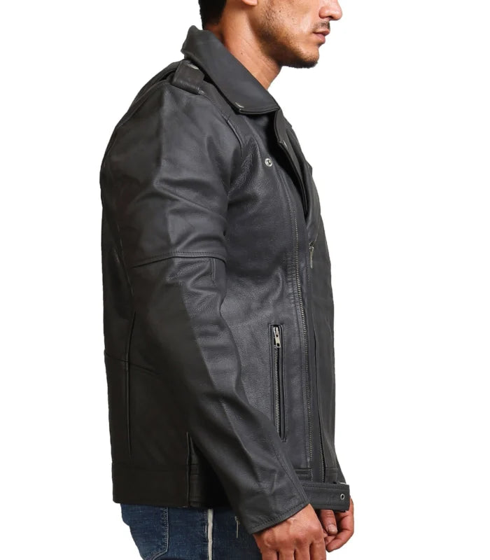 Men’s Grey Brando Style Cowhide Leather Jacket