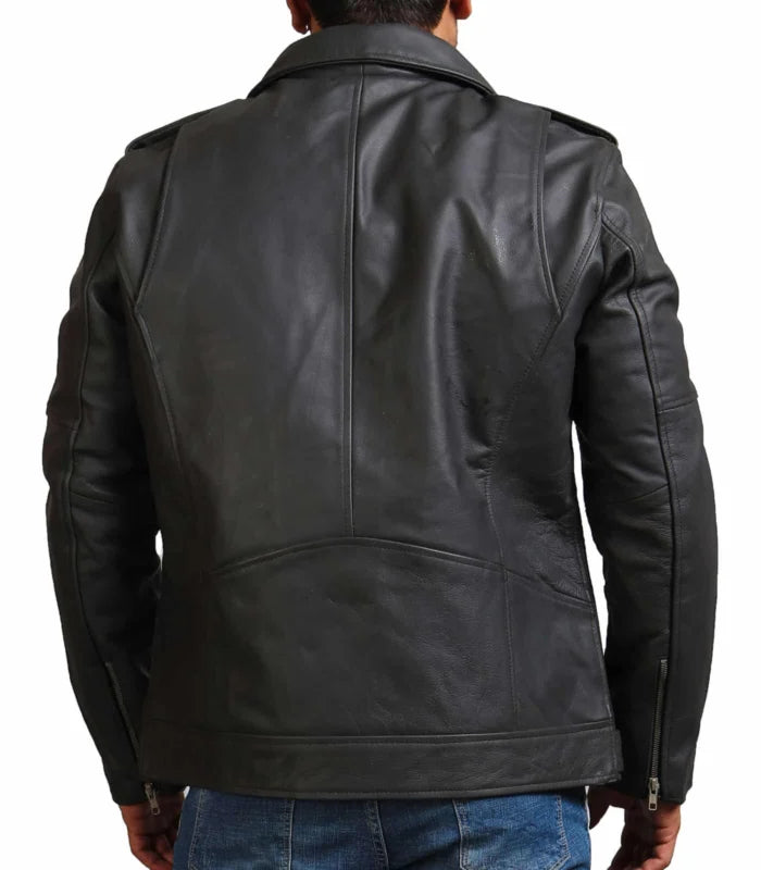 Men’s Grey Brando Style Cowhide Leather Jacket