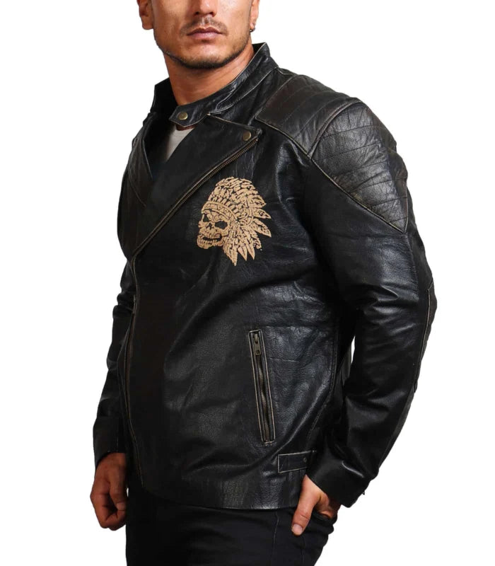 Men’s Black Cowhide Skull Motorcycle Leather Jacke