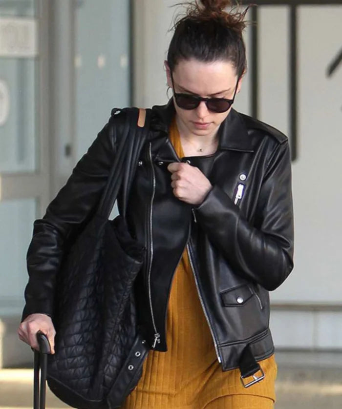 Hollywood Jackets Daisy Ridley Airport Biker Leather Jacket