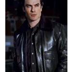 Damon Salvatore Black Fur Collar Bomber Leather Jacket