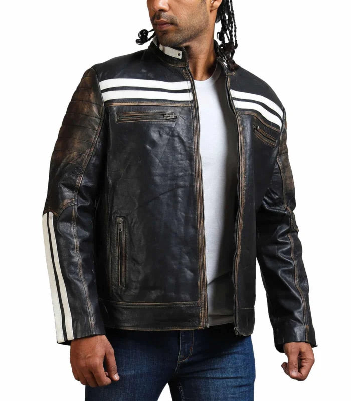 Premium Designer Style Distressed Black Leather Jacket for Men