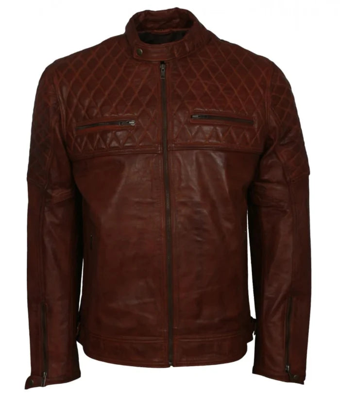 remium Diamond Quilted Brown Biker Jacket
