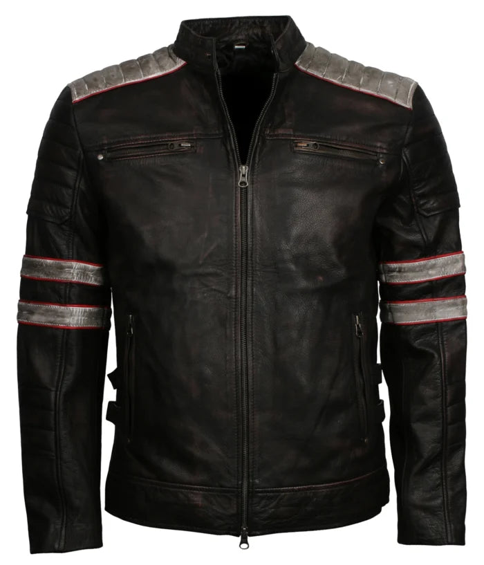 Men’s Distressed Black Striped Motorcycle Leather Jacket