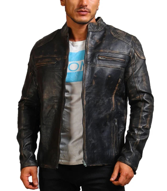 Men’s Distressed Black Motorcycle Leather Jacket