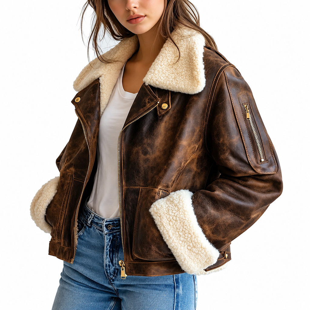 Women's Distressed Vintage-Style Real Leather Aviator Jacket