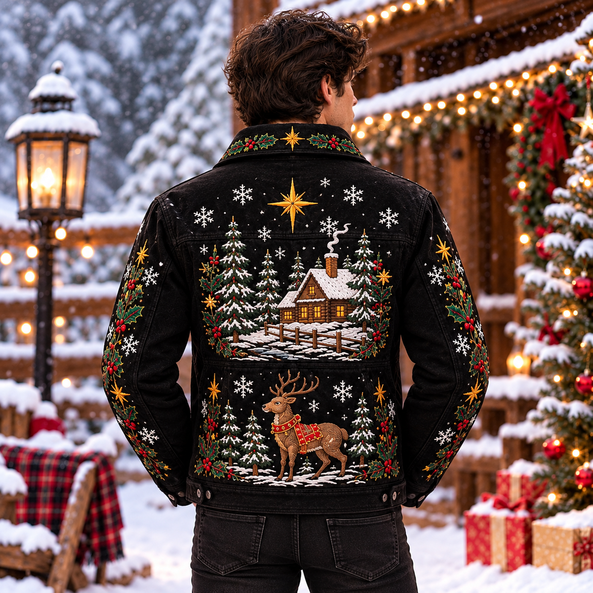 Hollywood Jacket Men's Black Christmas Embroidered Zip Jacket