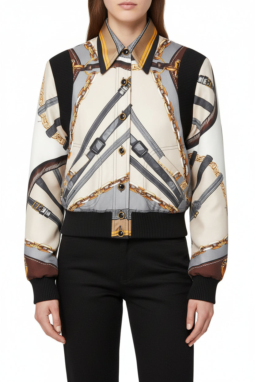 Hollywood Jackets Emily in Paris S03 Lily Collins Belt Print Bomber Jacket Women’s